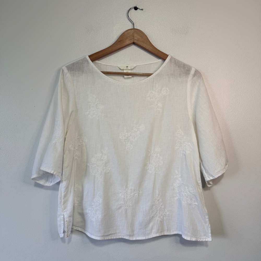 HM LOGG Womens White Cotton Linen‎ Embroidered Floral Blouse Top Size 8